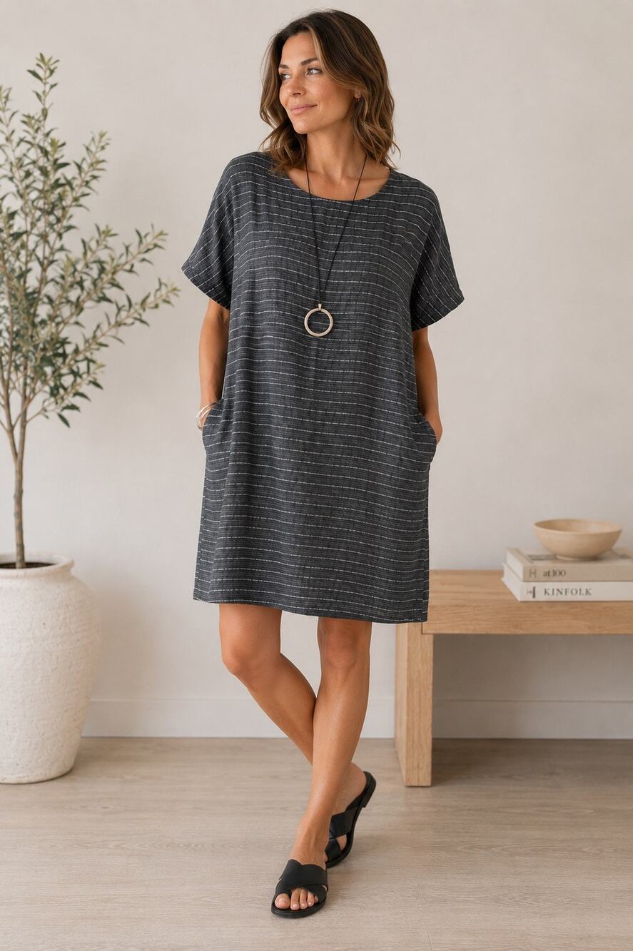 Eileen Fisher NWT Organic Linen Gray Pinstripe Pocket Tunic Dress XXS